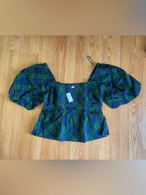 Old Navy Plaid Puff Sleeve Peplum Top
